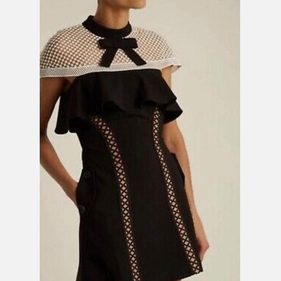 Self Portrait Black Crepe Lace Bow Cap Sleeve A Line Mini Dress - Picture 2 of 14